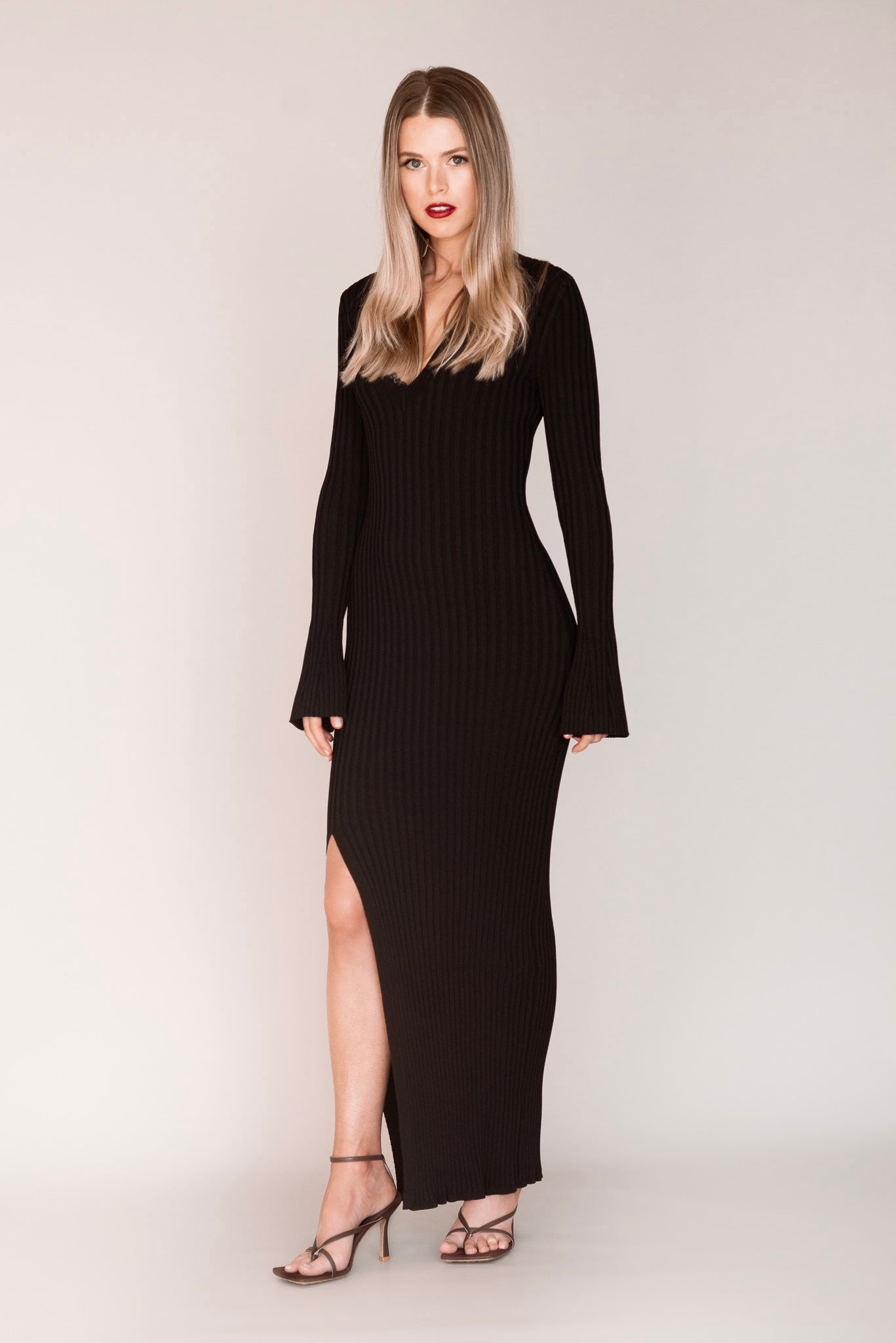 Rib Knit Flared Sleeve Dress